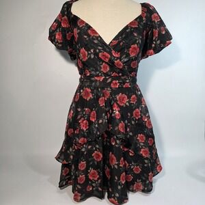 Trixxi Surplice-Neck Tie-Waist Fit & Flare Chiffon Dress XS Black/Red Roses